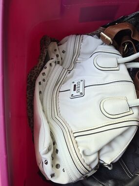 Guess White Leather Studded Tote with Silver Plaque
